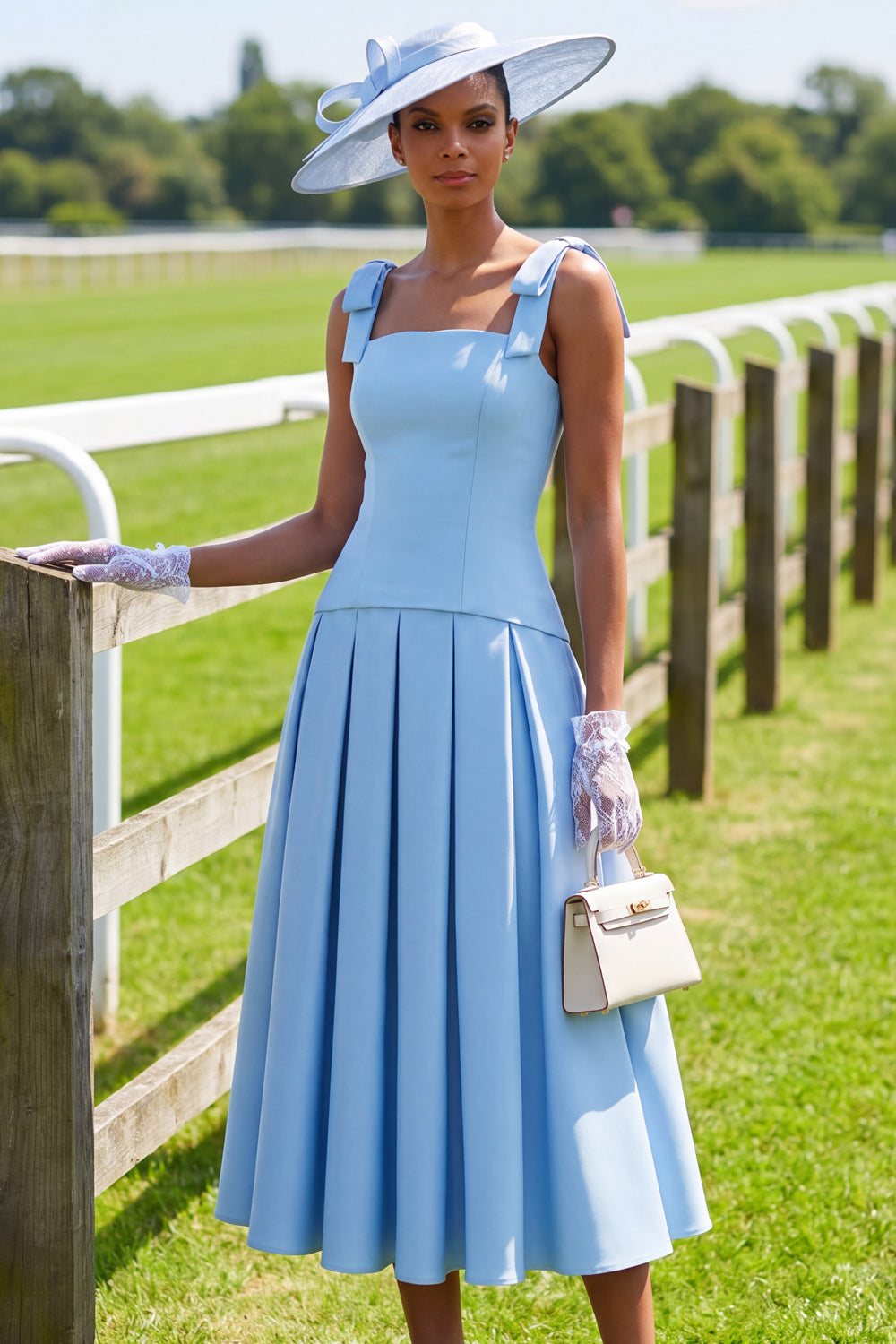 Light Blue A Line Midi Mother of the Bride Dress with Bows