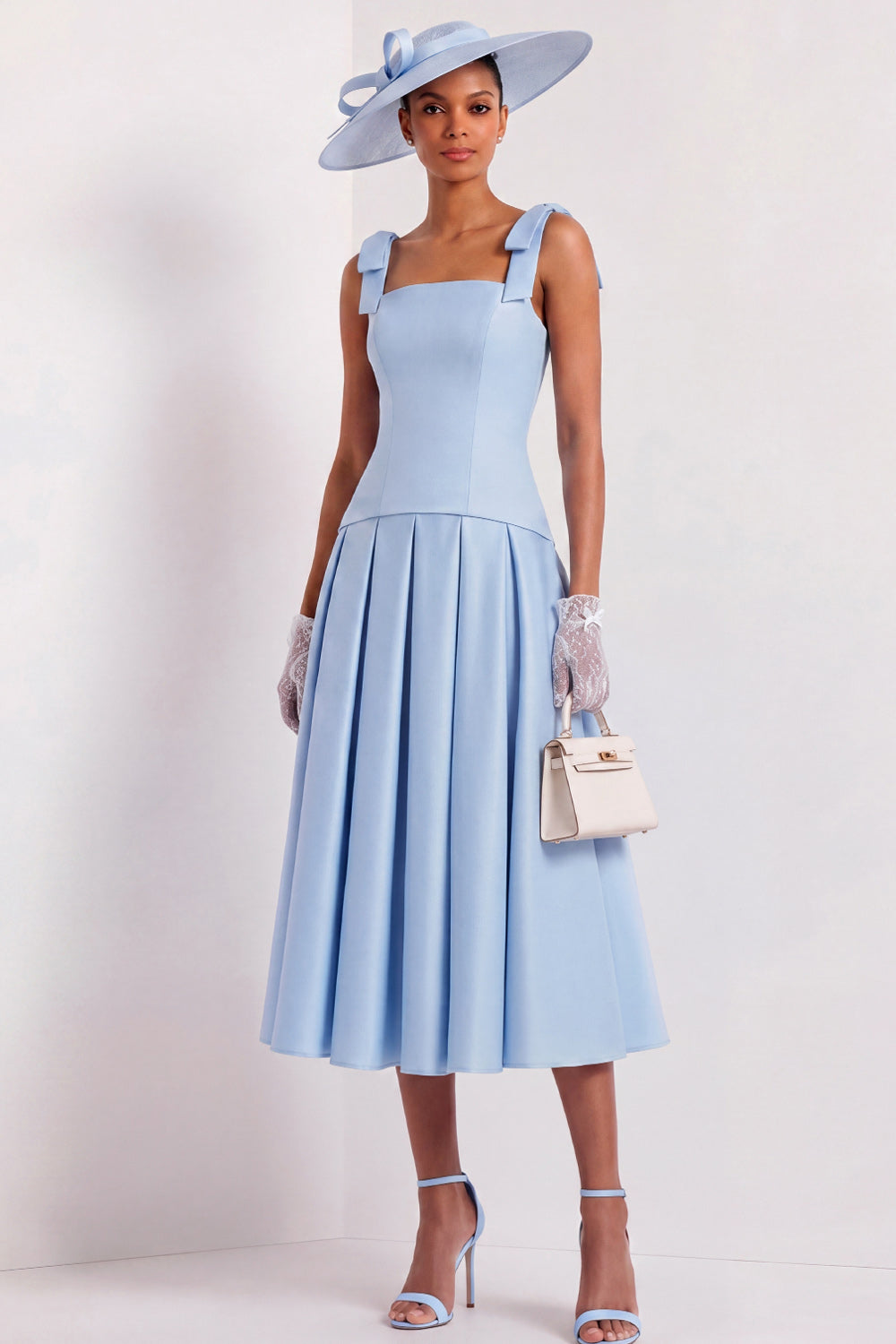 Light Blue A Line Midi Mother of the Bride Dress with Bows