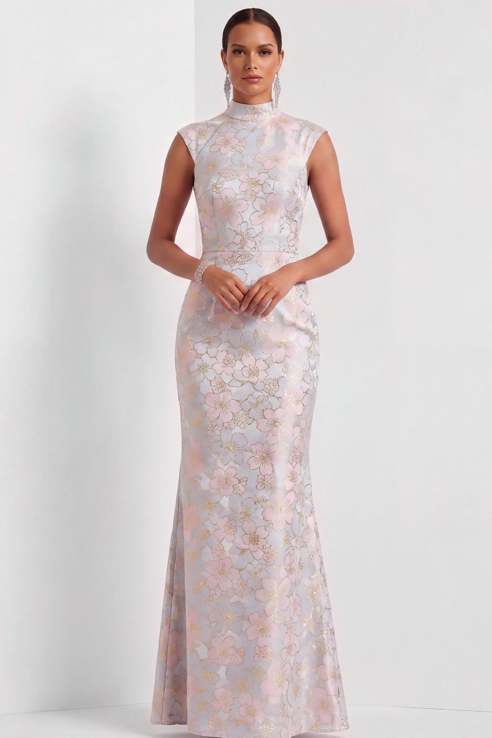Pink and Blue Mermaid Floral Cap Sleeves Long Wedding Guest Dress
