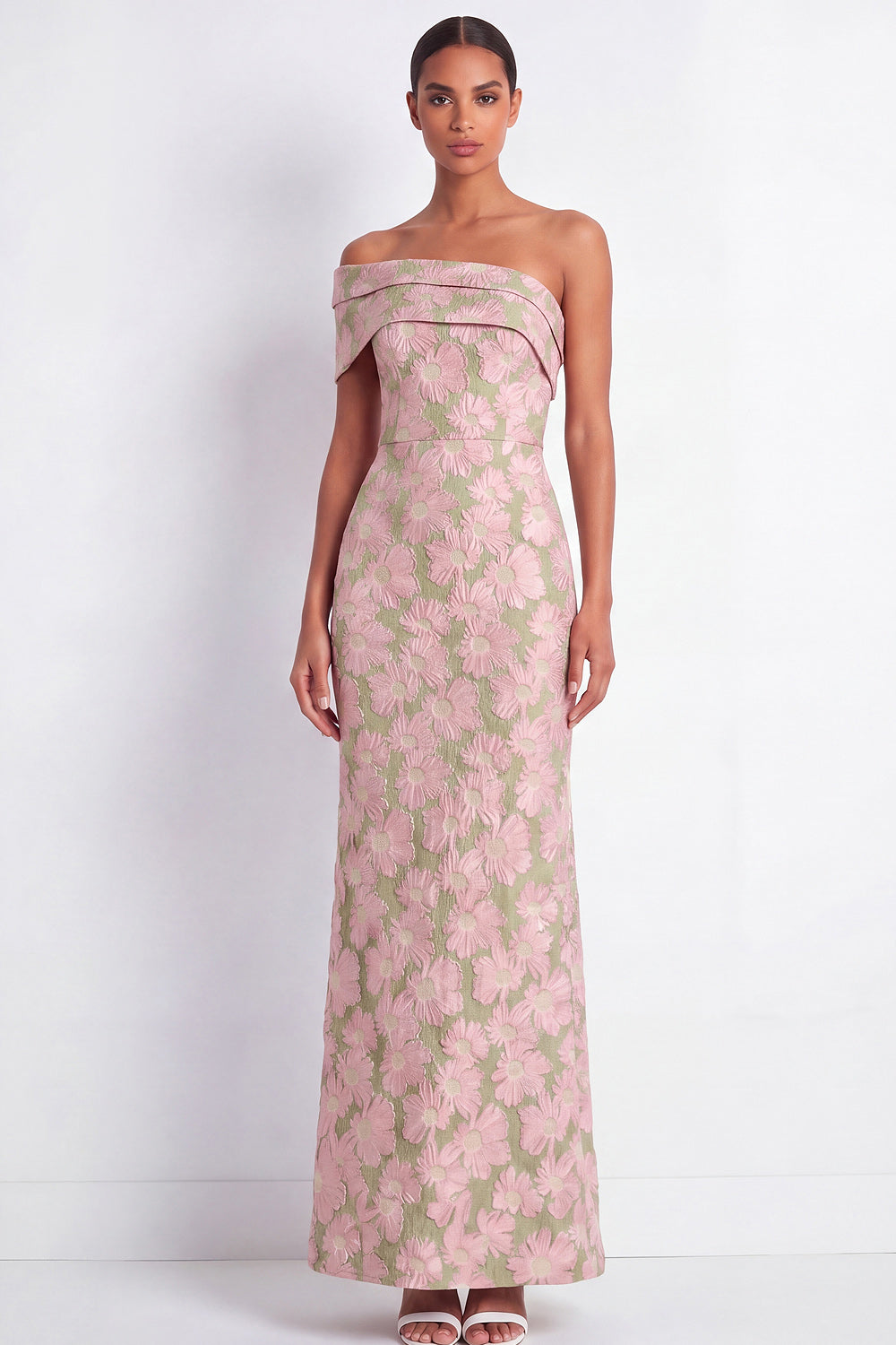 Leely Women Pink and Green Floral Mermaid Long Wedding Guest Dress One Shoulder Jacquard Formal Dress