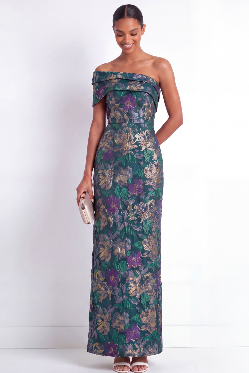 One Shoulder Sheath Floral Navy Long Wedding Guest Dress with Slit