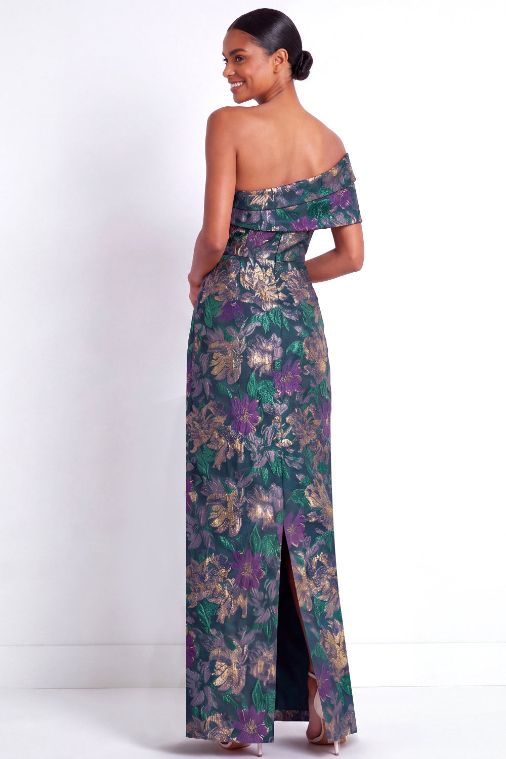 One Shoulder Sheath Floral Navy Long Wedding Guest Dress with Slit