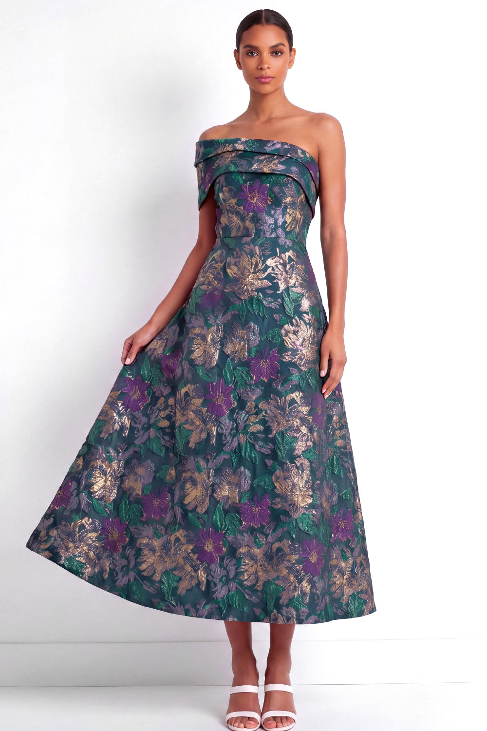 Jacquard Navy Floral A Line Long Wedding Guest Dress