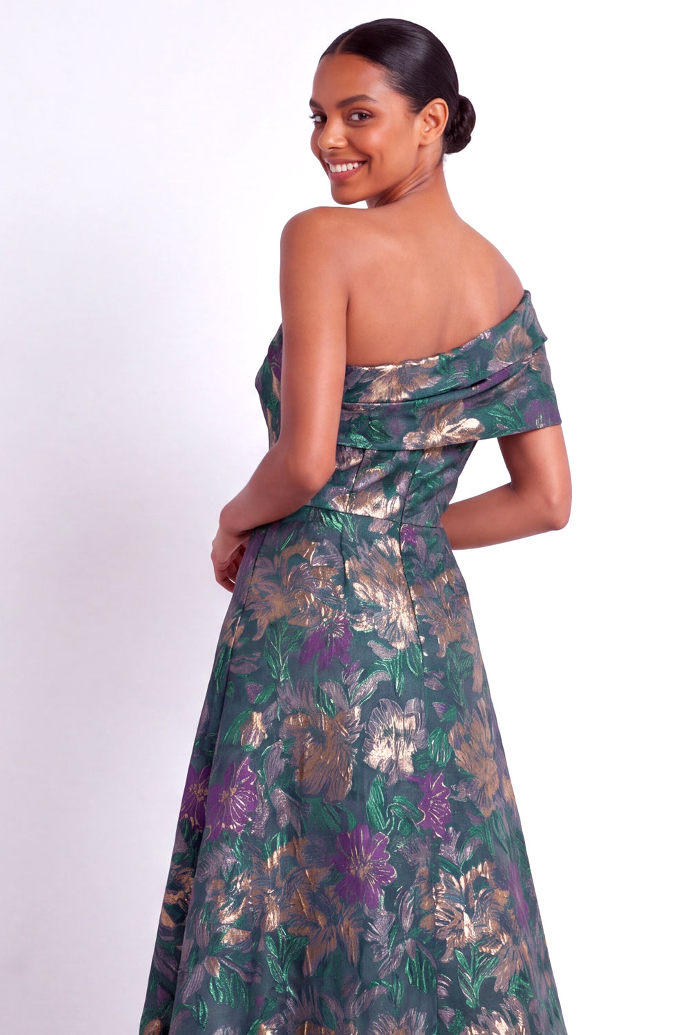 Jacquard Navy Floral A Line Long Wedding Guest Dress