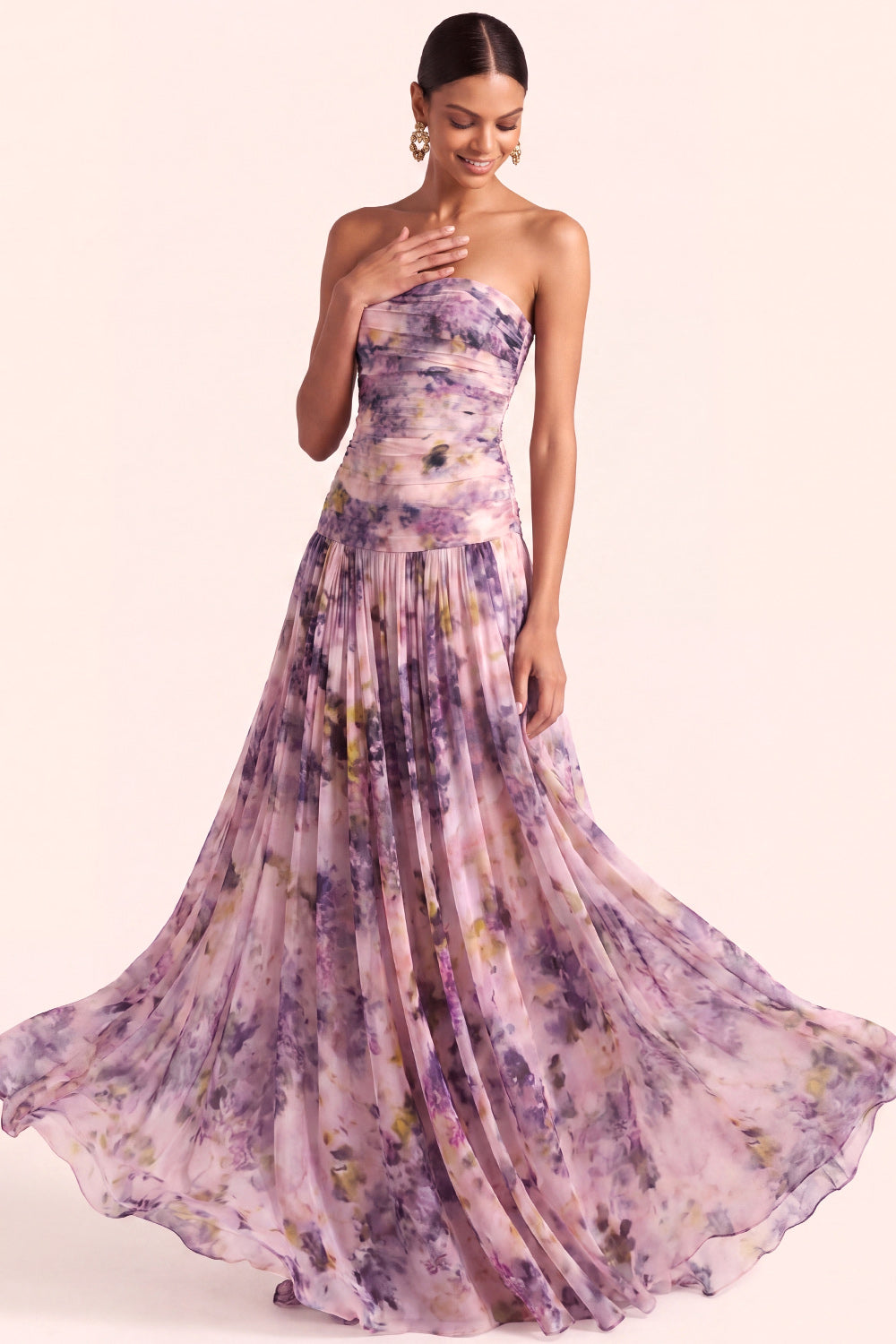 Floral Wisteria A Line Pleated Long Wedding Guest Dress