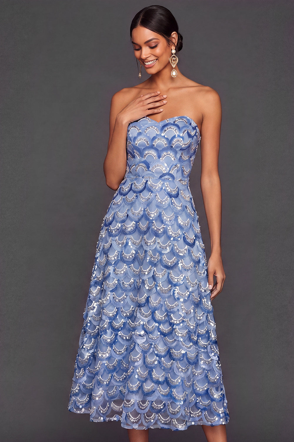 Blue A Line Sweetheart Floral Midi Summer Wedding Guest Dress