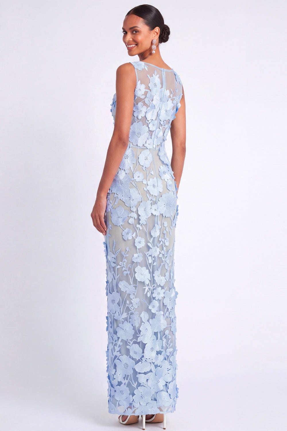 Sheath Light Blue Floral Appliqued Long Wedding Guest Dress
