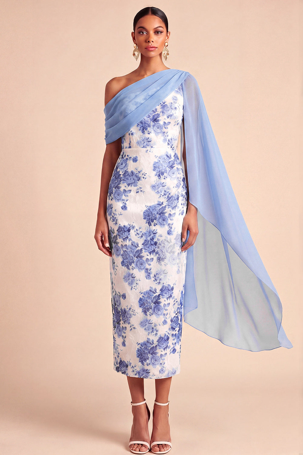 Sheath Floral One Shoulder Light Blue Long Wedding Guest Dress with Slit
