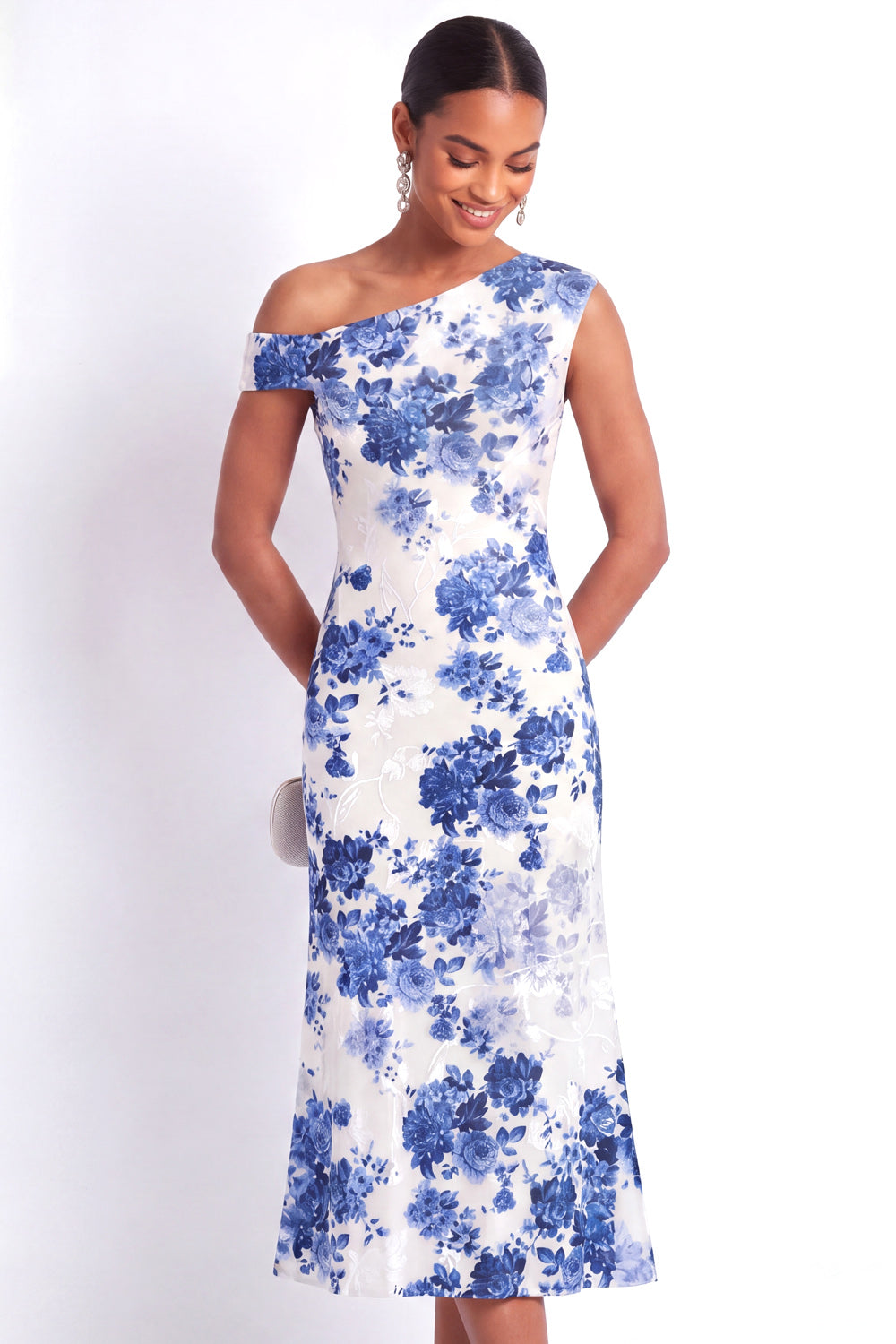 Light Blue Floral One Shoulder Midi Wedding Guest Dress