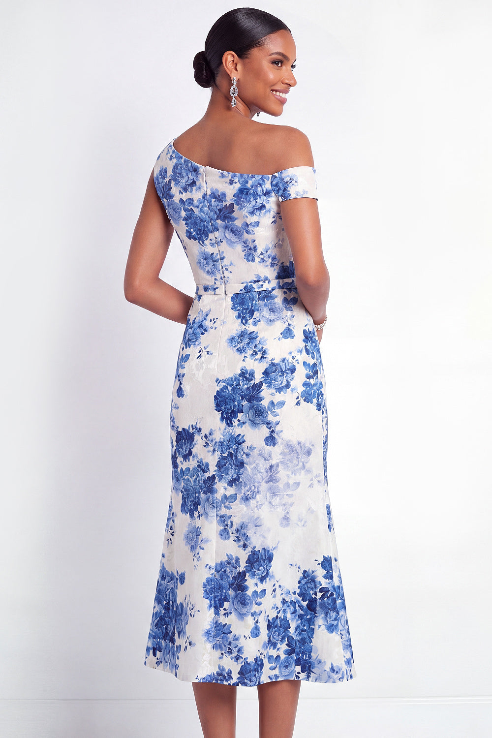 Light Blue Floral One Shoulder Midi Wedding Guest Dress