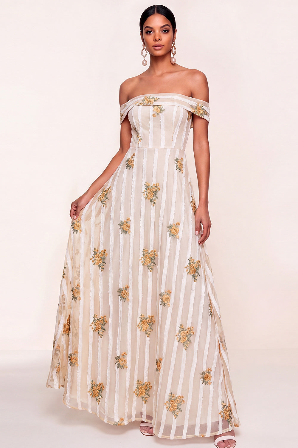 Leely Women Floral Ivory Off the Shoulder Long Wedding Guest Dress Backless A Line Sleeveless Garden Party Dress