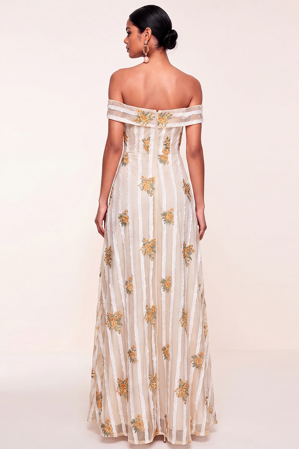 Floral A Line Ivory Off the Shoulder Long Wedding Guest Dress