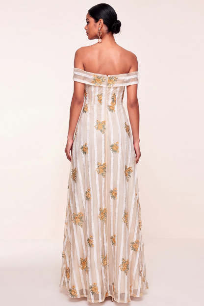 Floral A Line Ivory Off the Shoulder Long Wedding Guest Dress