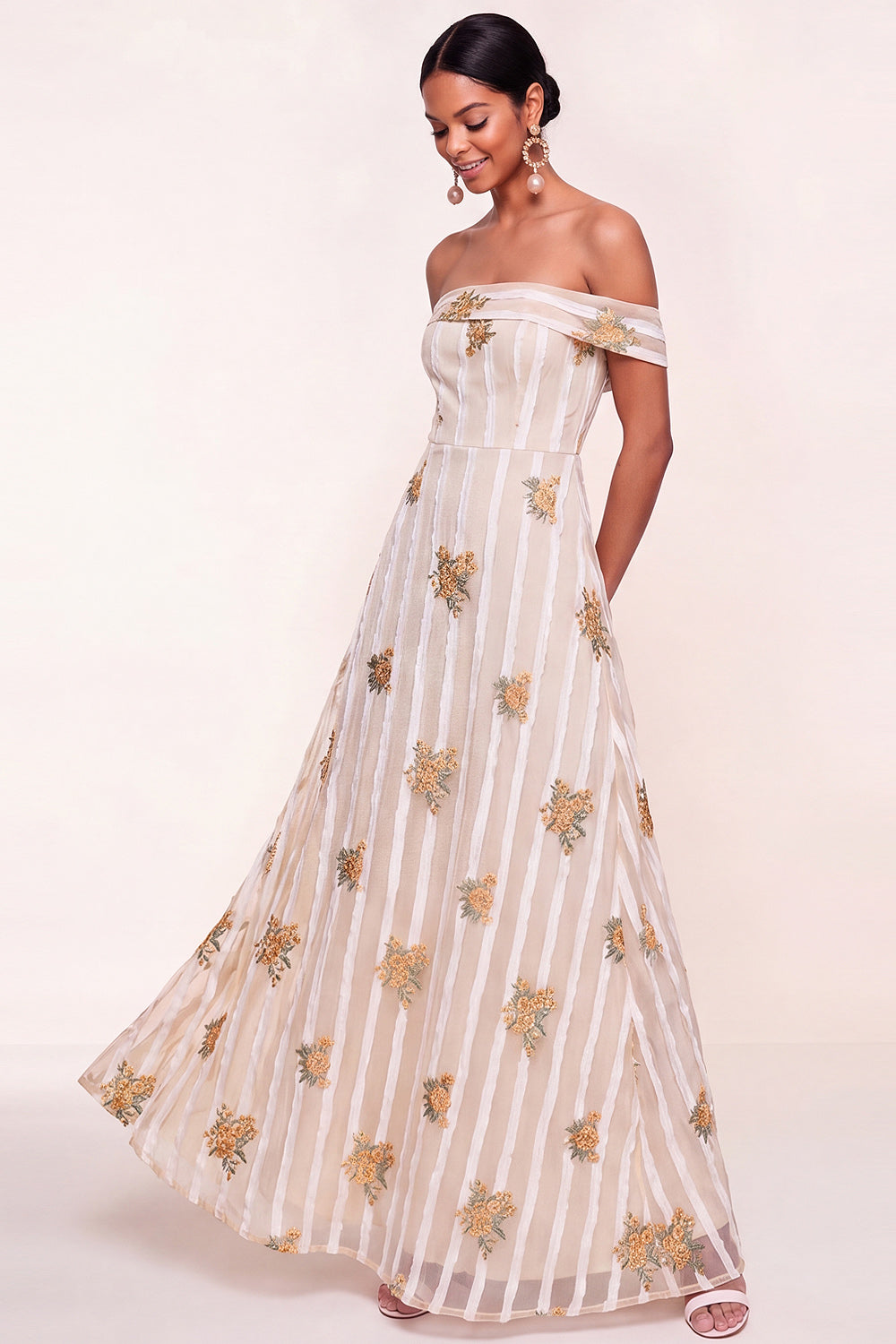 Floral A Line Ivory Off the Shoulder Long Wedding Guest Dress
