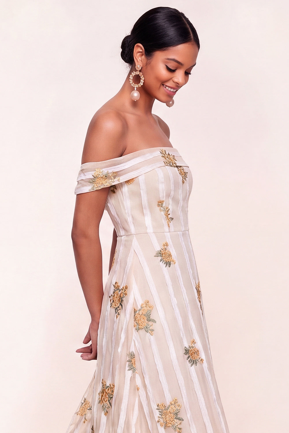 Floral A Line Ivory Off the Shoulder Long Wedding Guest Dress
