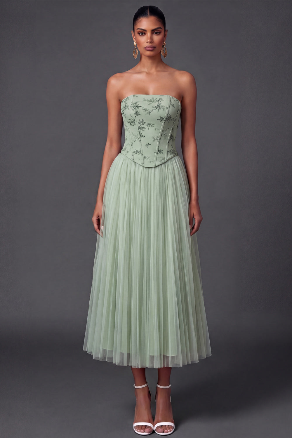 Dusty Sage Floral Corset Pleated Long Wedding Guest Dress
