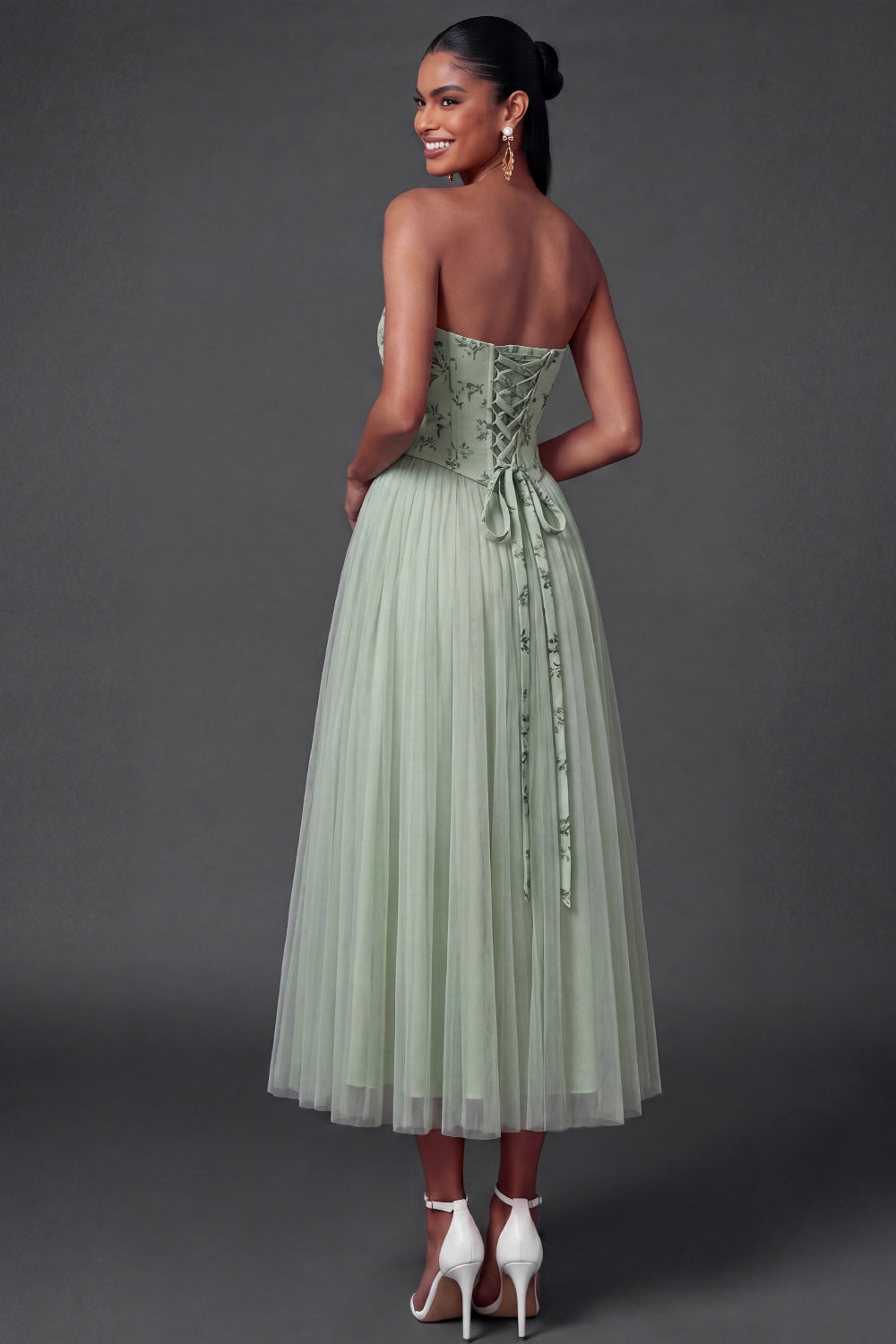 Dusty Sage Floral Corset Pleated Long Wedding Guest Dress