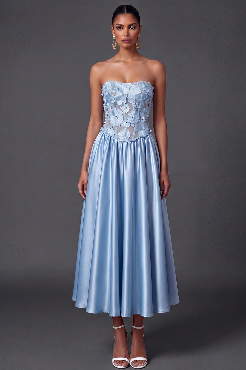 Light Blue Floral A Line Corset High Waist Long Wedding Guest Dress