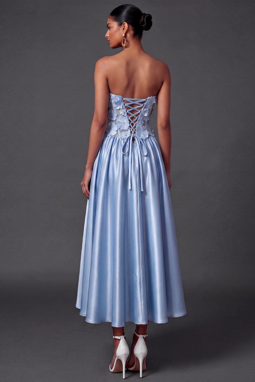 Light Blue Floral A Line Corset High Waist Long Wedding Guest Dress