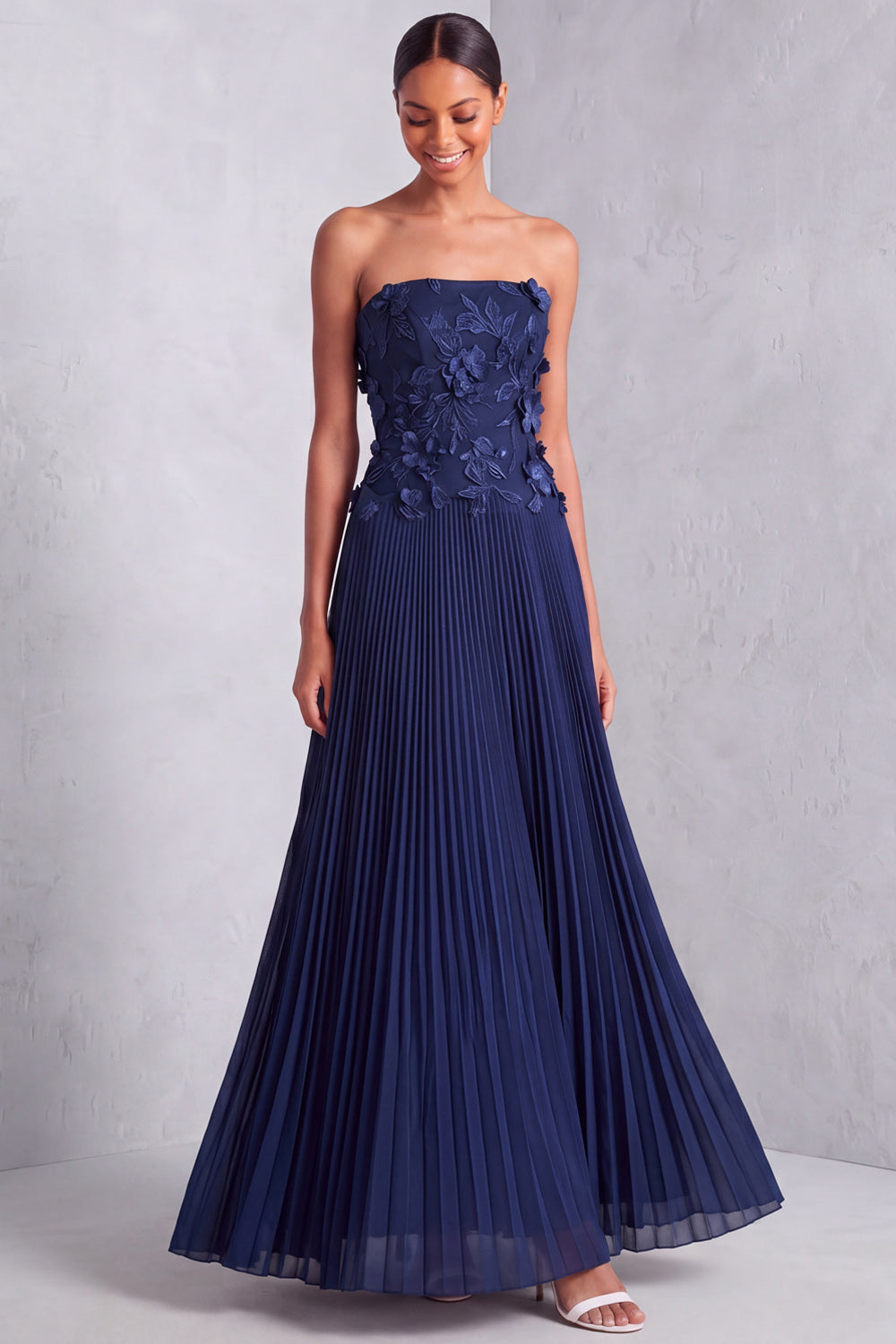 Pleated Floral A Line Appliqued Long Navy Wedding Guest Dress