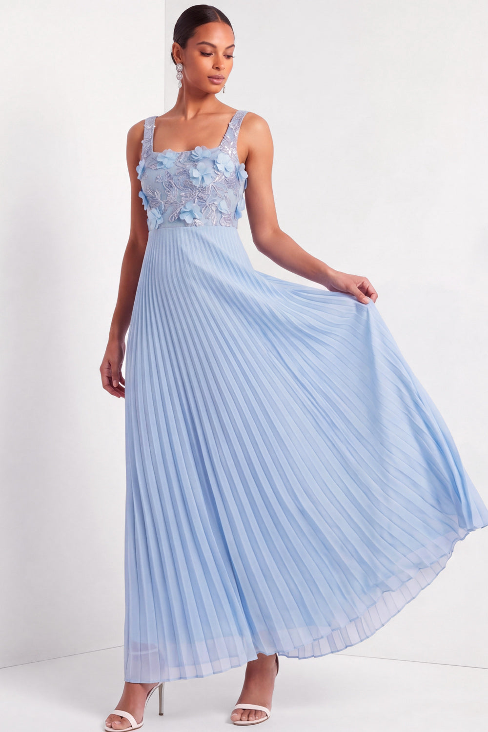 Pleated Light Blue Floral Appliqued Long Wedding Guest Dress