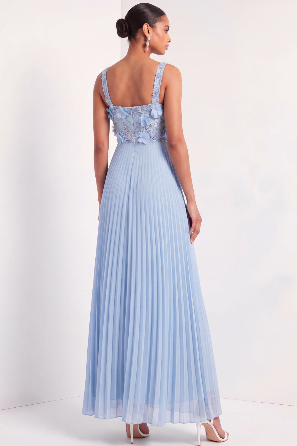 Pleated Light Blue Floral Appliqued Long Wedding Guest Dress