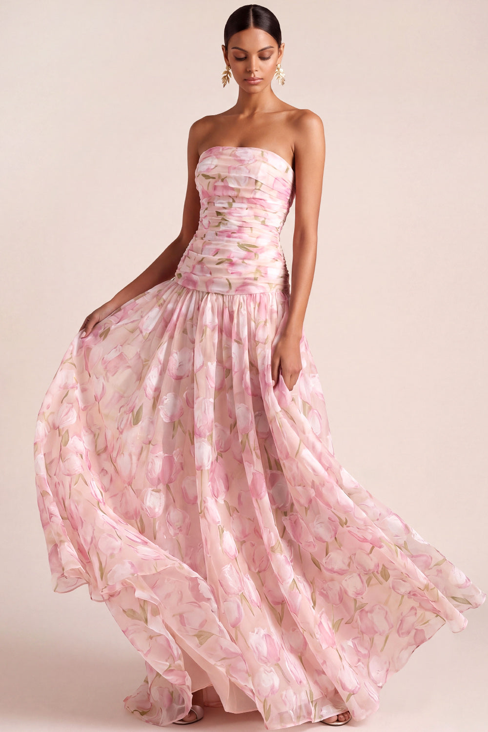 A Line Light Pink Floral Strapless Long Wedding Guest Dress