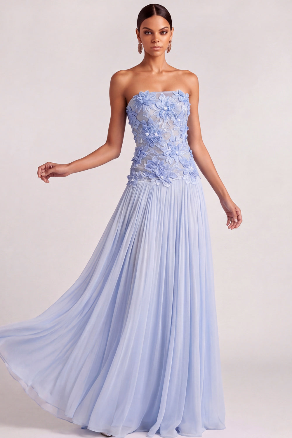 Floral A Line Appliqued Strapless Light Blue Long Wedding Guest Dress