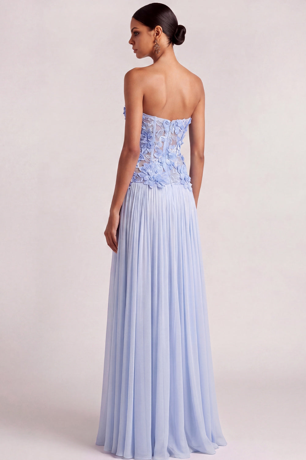 Floral A Line Appliqued Strapless Light Blue Long Wedding Guest Dress