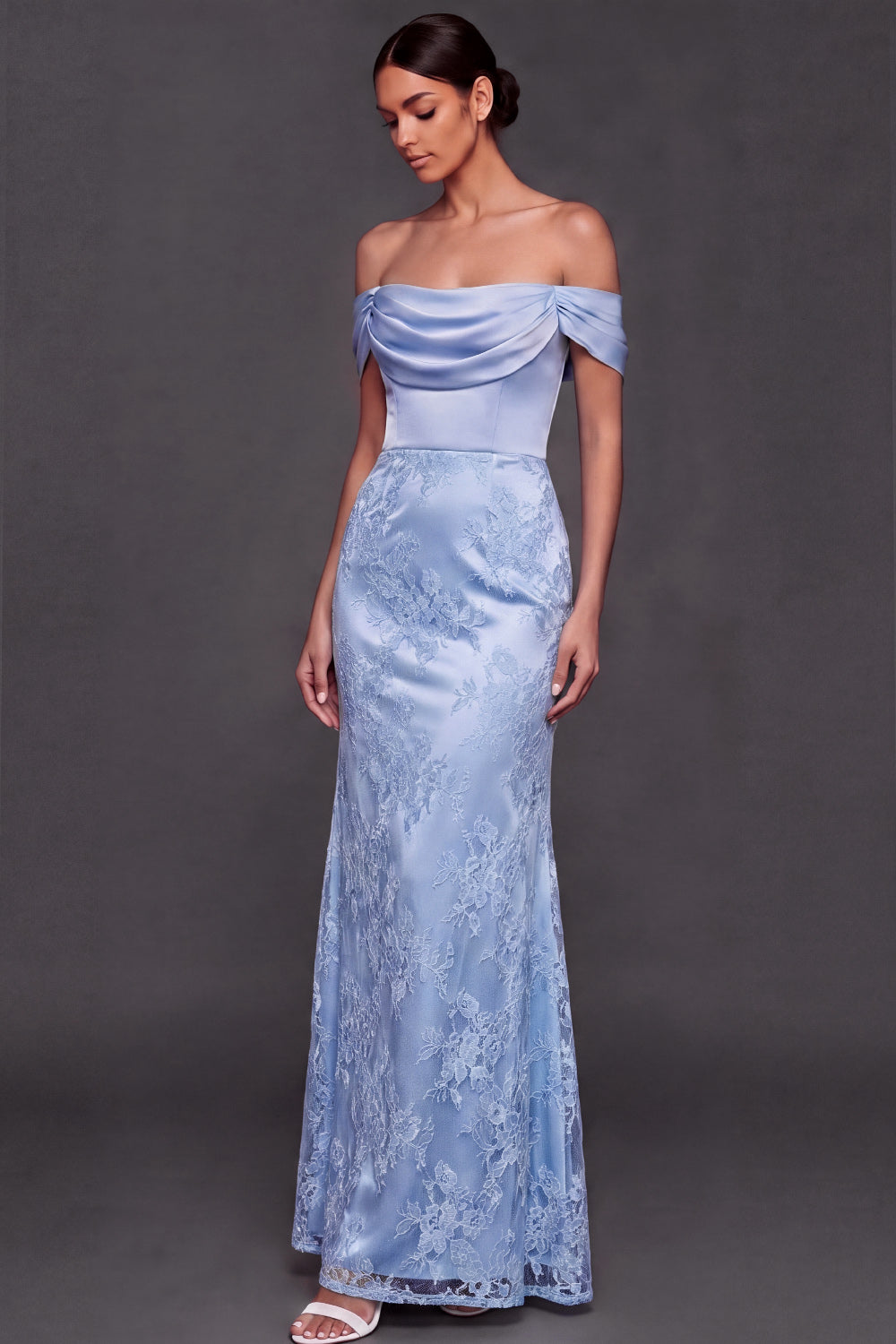 Light Blue Appliqued Floral Satin Long Wedding Guest Dress