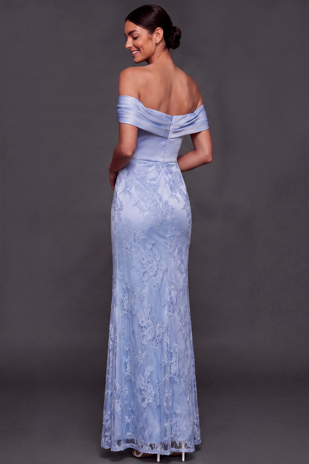 White Appliqued Floral Satin Long Wedding Reception Dress