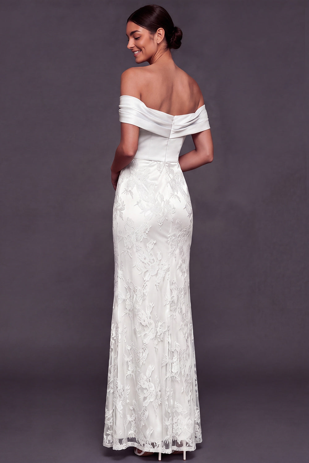 White Appliqued Floral Satin Long Wedding Reception Dress