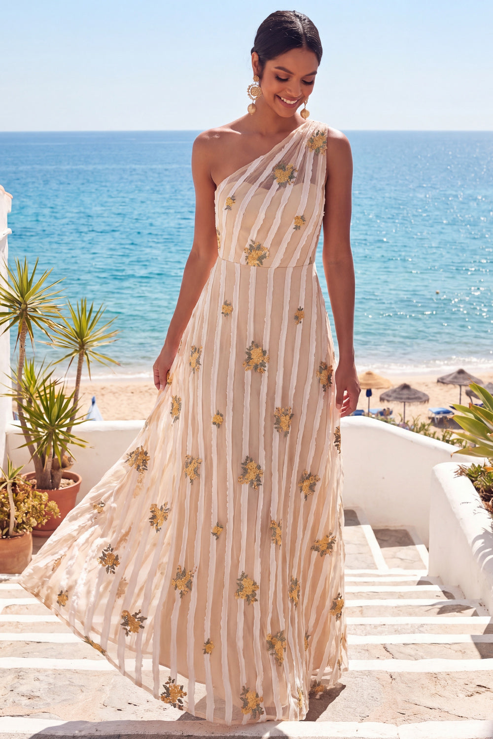 Leely Women Ivory Floral A Line One Shoulder Long Wedding Guest Dress Appliqued Sleeveless Garden Party Dress