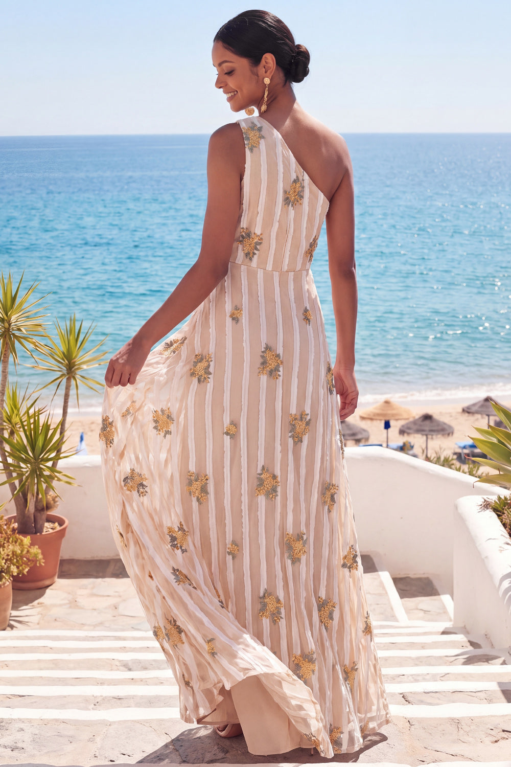 Ivory Floral A Line One Shoulder Long Wedding Guest Dress