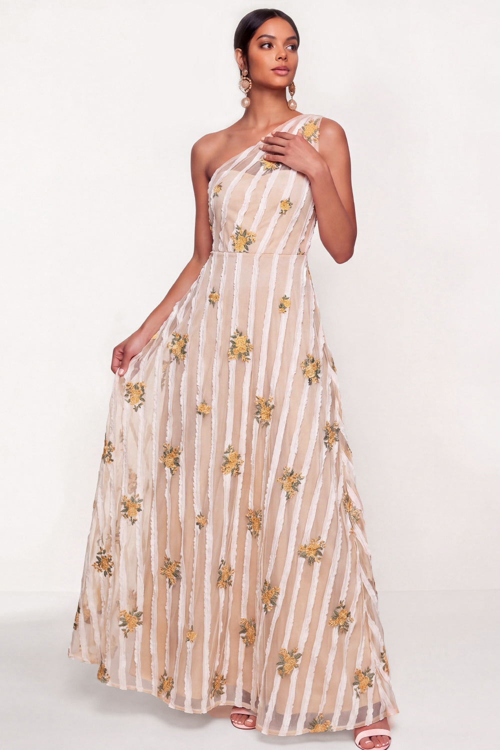 Ivory Floral A Line One Shoulder Long Wedding Guest Dress