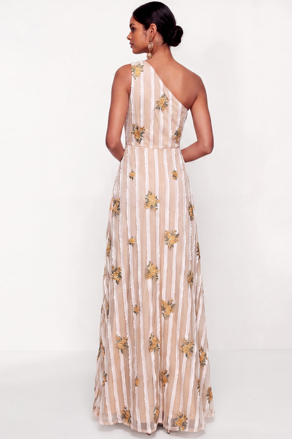 Ivory Floral A Line One Shoulder Long Wedding Guest Dress