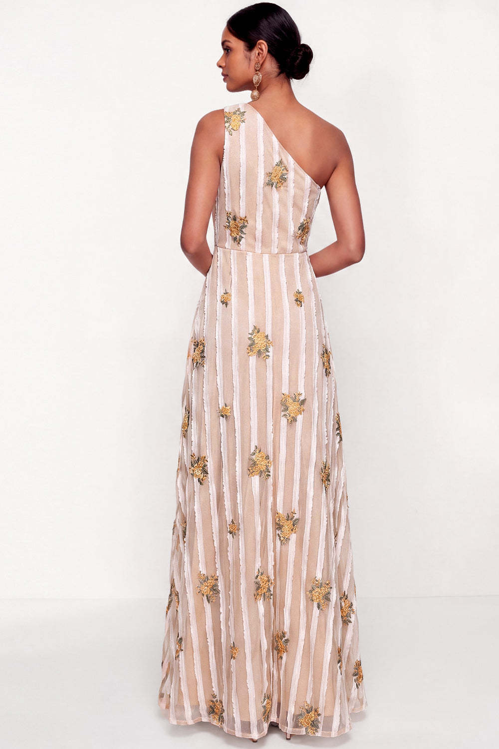 Ivory Floral A Line One Shoulder Long Wedding Guest Dress