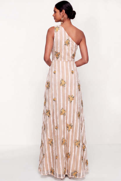 Ivory Floral A Line One Shoulder Long Wedding Guest Dress