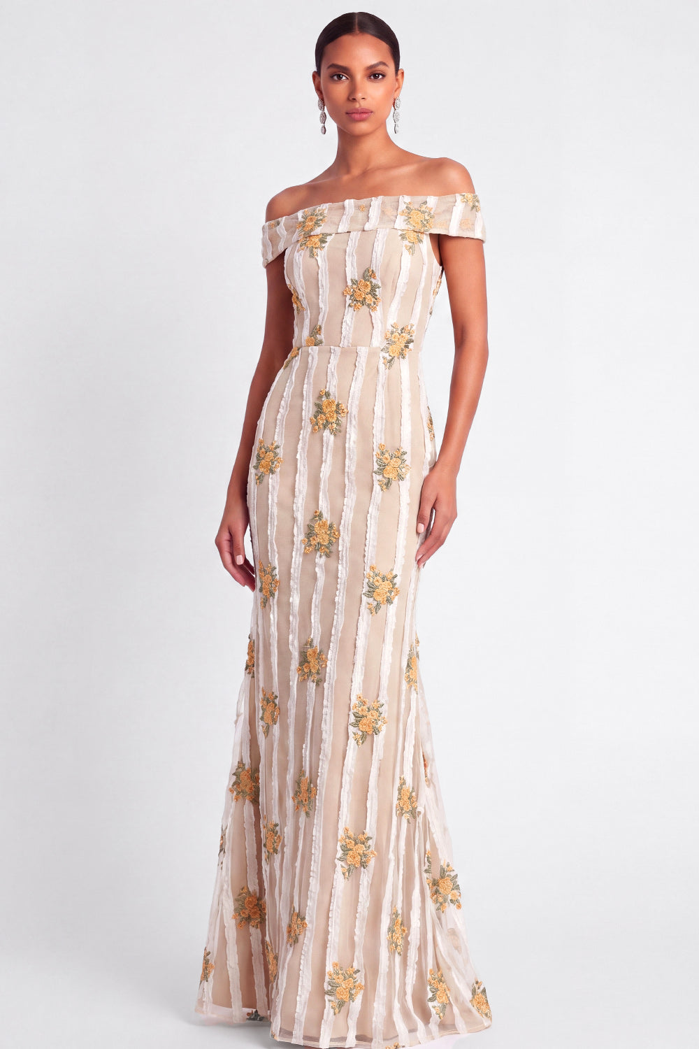 Ivory Floral Appliqued Off the Shoulder Long Wedding Guest Dress
