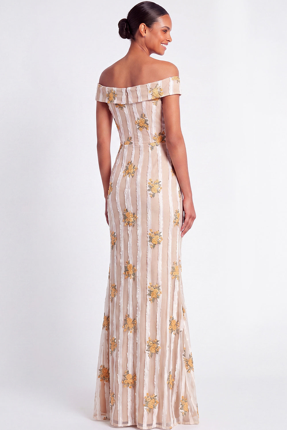 Ivory Floral Appliqued Off the Shoulder Long Wedding Guest Dress