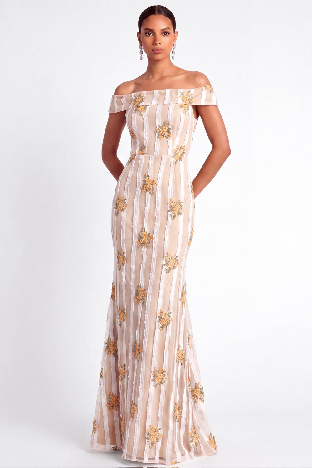 Ivory Floral Appliqued Off the Shoulder Long Wedding Guest Dress
