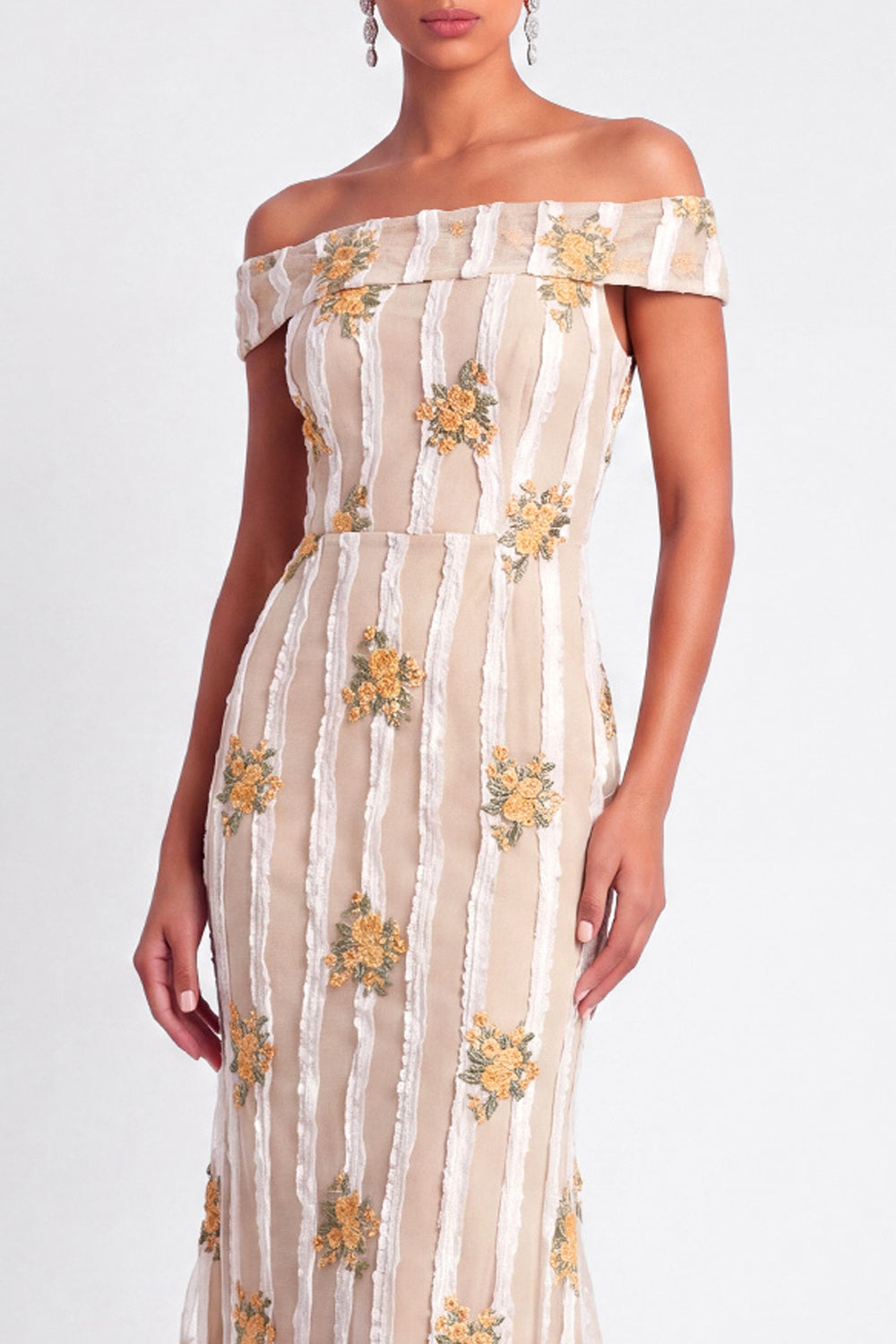 Ivory Floral Appliqued Off the Shoulder Long Wedding Guest Dress