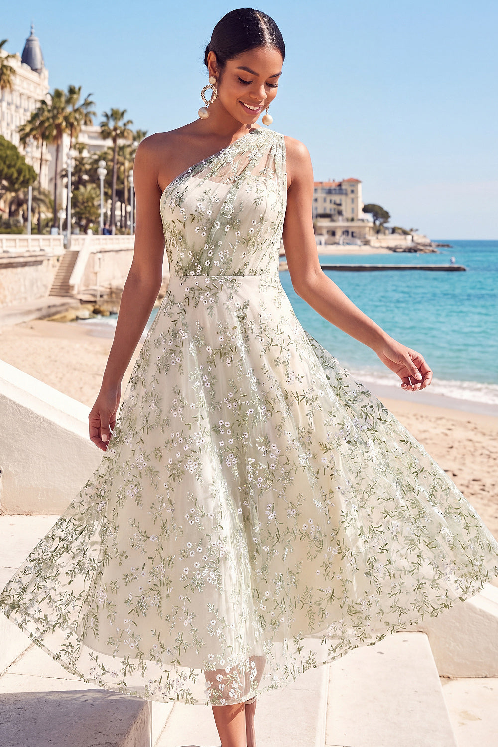 One Shoulder Ruched Light Green Floral Long Wedding Guest Dress