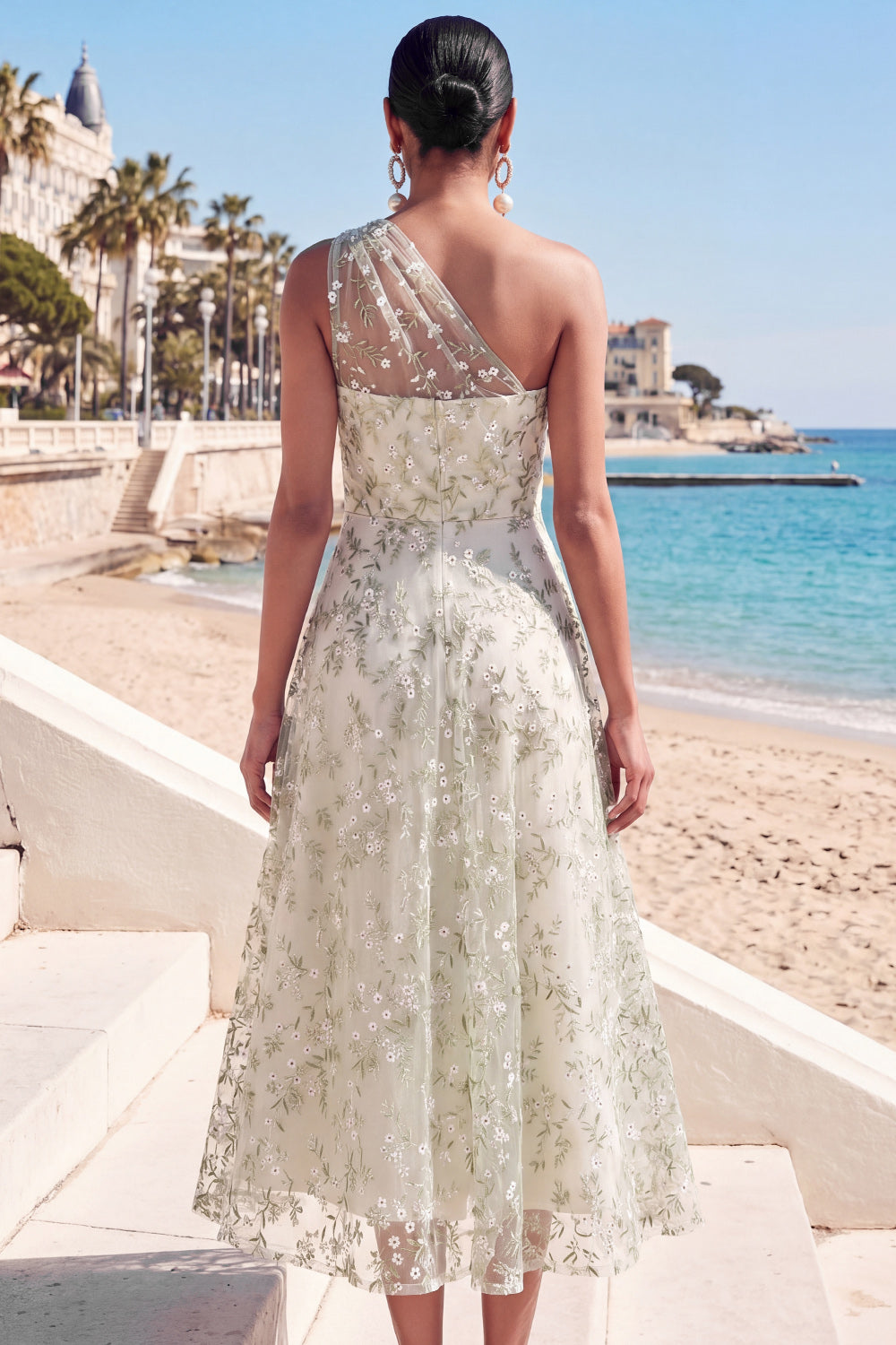 One Shoulder Ruched Light Green Floral Long Wedding Guest Dress