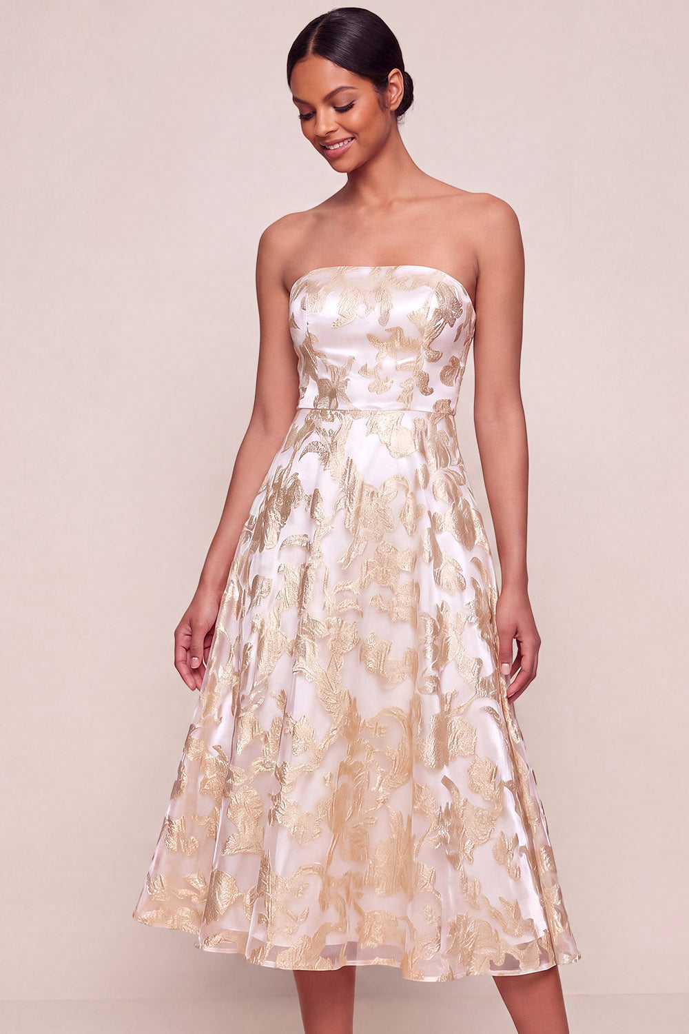 Champagne A Line Jacquard Floral Midi Wedding Guest Dress