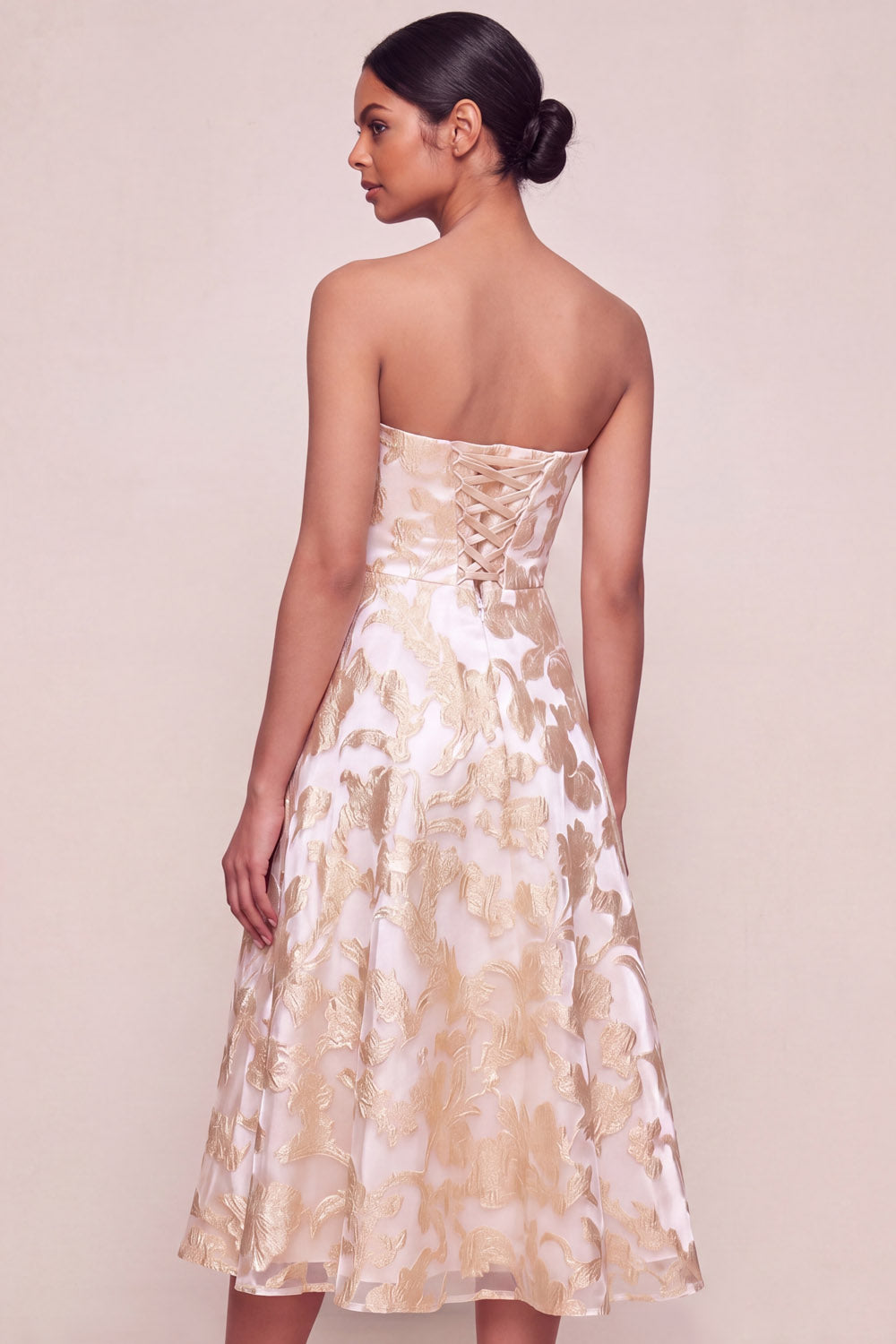 Champagne A Line Jacquard Floral Midi Wedding Guest Dress