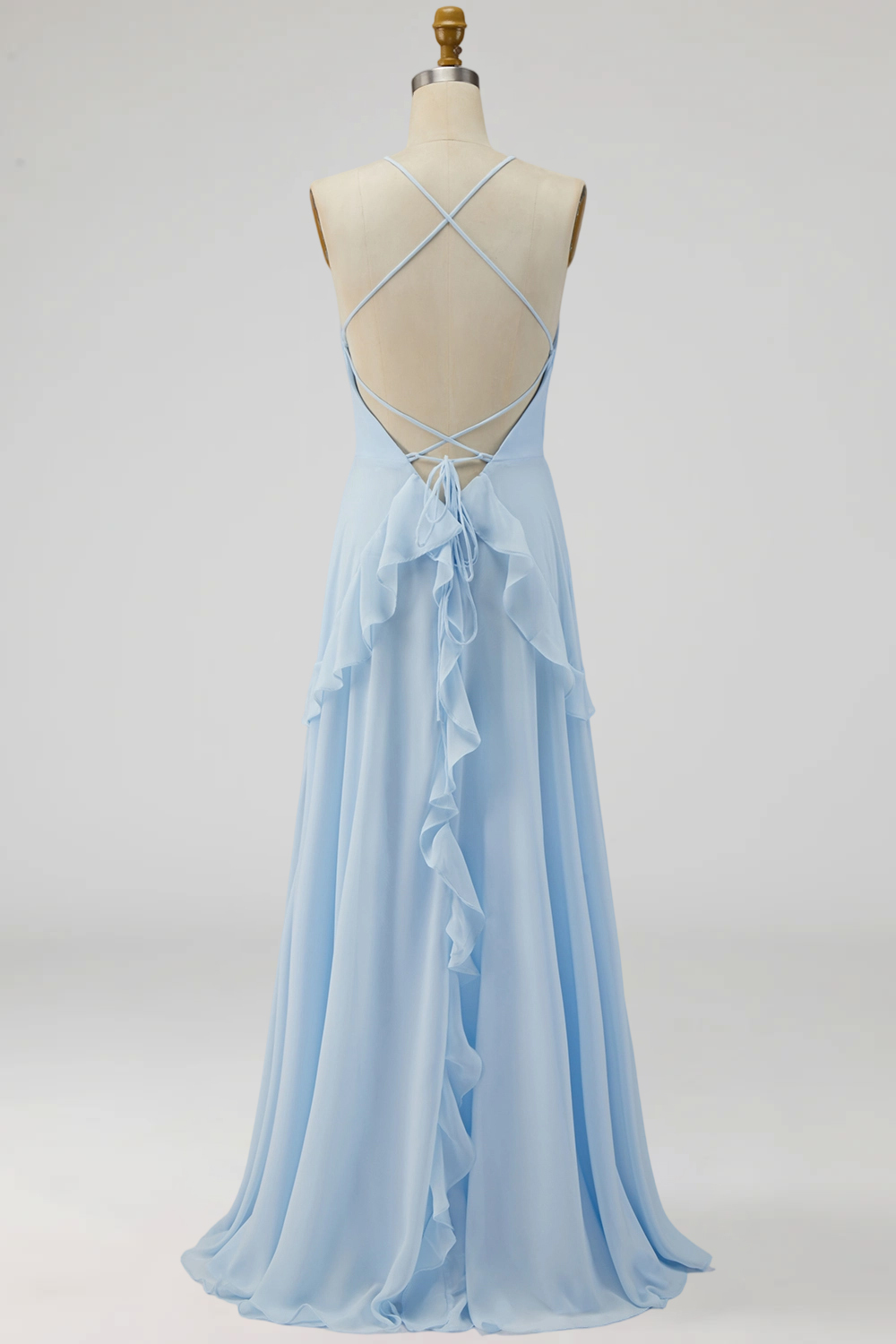 Lake Blue Maxi A Line Ruffled Criss Cross Back Wedding Guest Dress