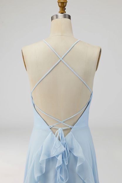 Lake Blue Maxi A Line Ruffled Criss Cross Back Wedding Guest Dress