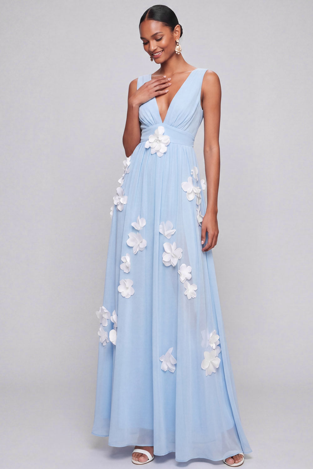 A Line Light Blue Floral Appliqued Maxi Bridesmaid Dress