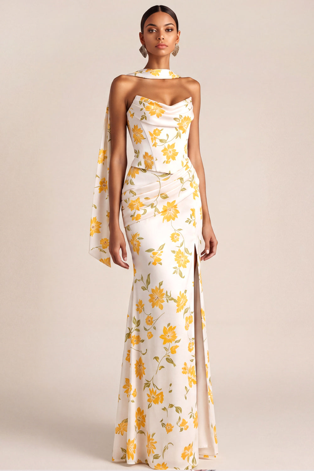 Light Yellow Mermaid Floral Basque Waist Maxi Wedding Guest Dress with Slit